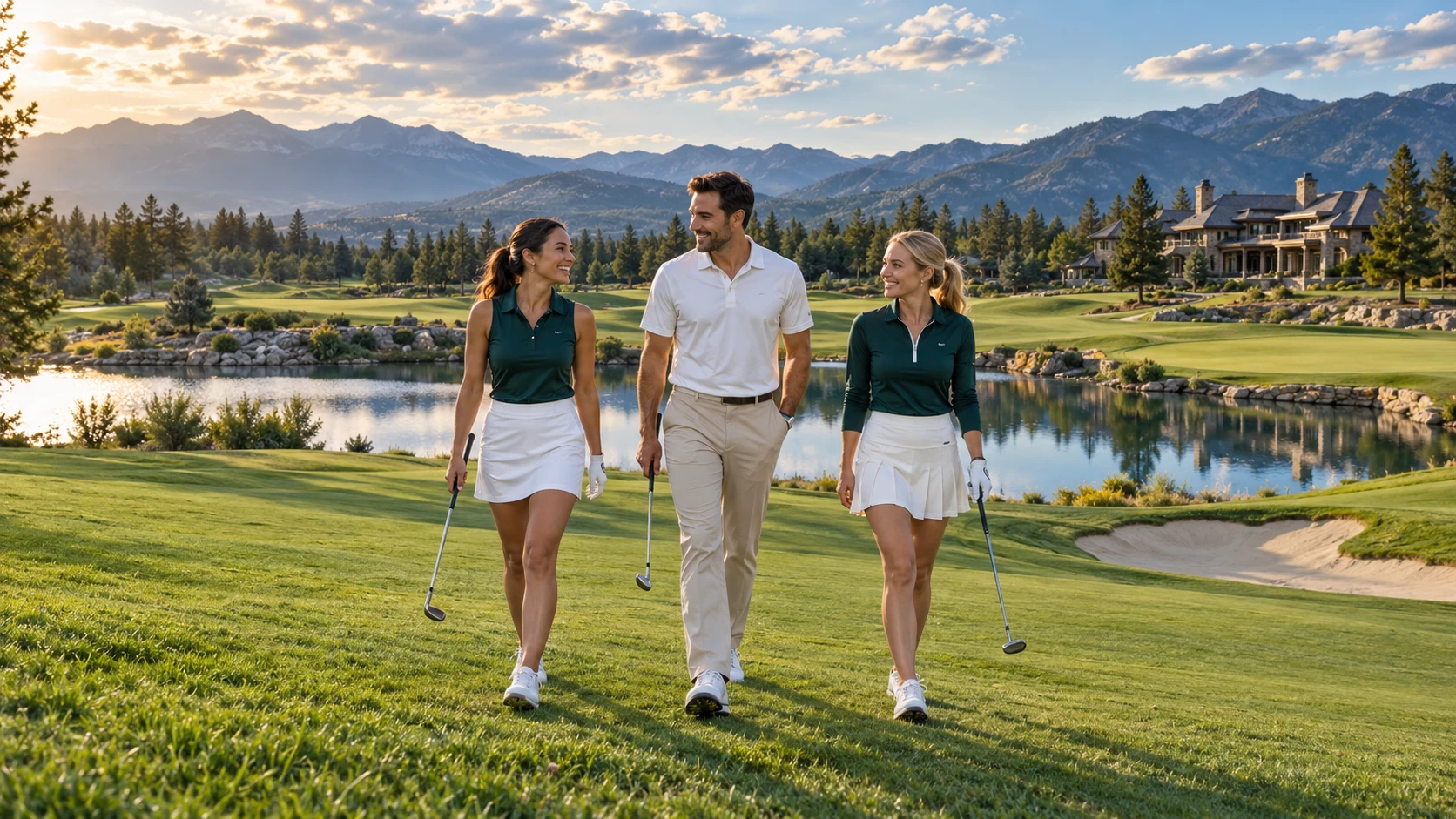 Three friends walking beside a golf-course lake, with mountains and a clubhouse in the background