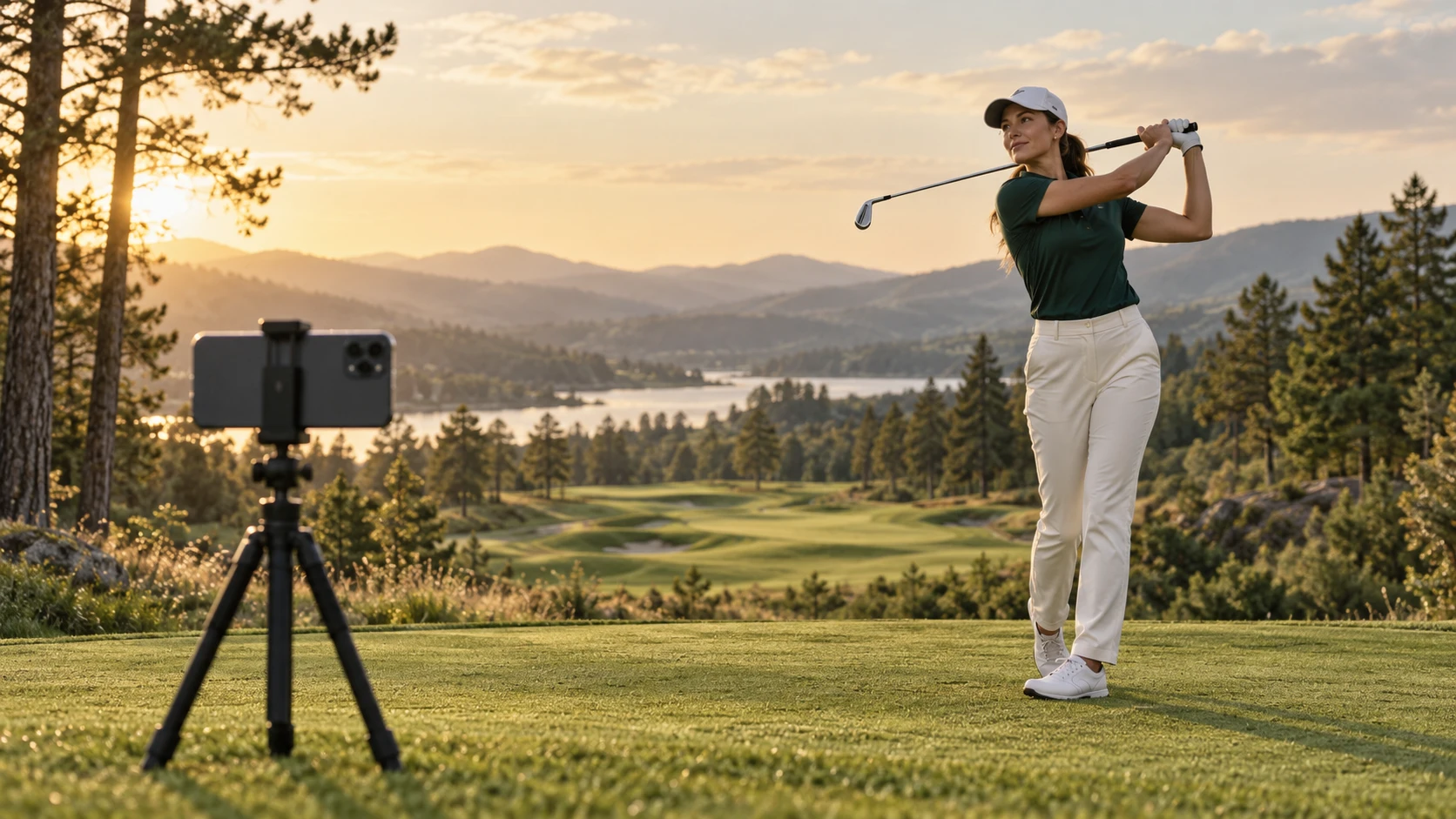 A phone on a tripod capturing a full golf swing in warm evening light