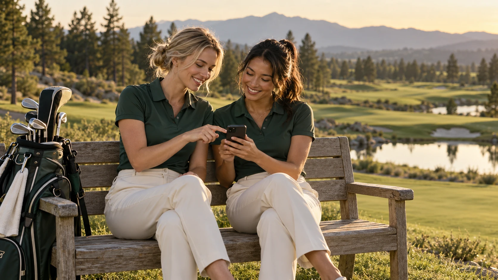 Two golfers reviewing their golf footage together on a course-side bench