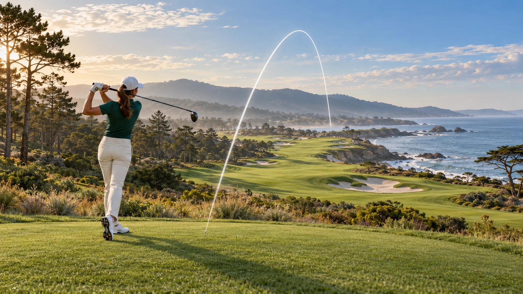 Full-body golfer on a coastal course with a complete ball-flight tracer across the sky
